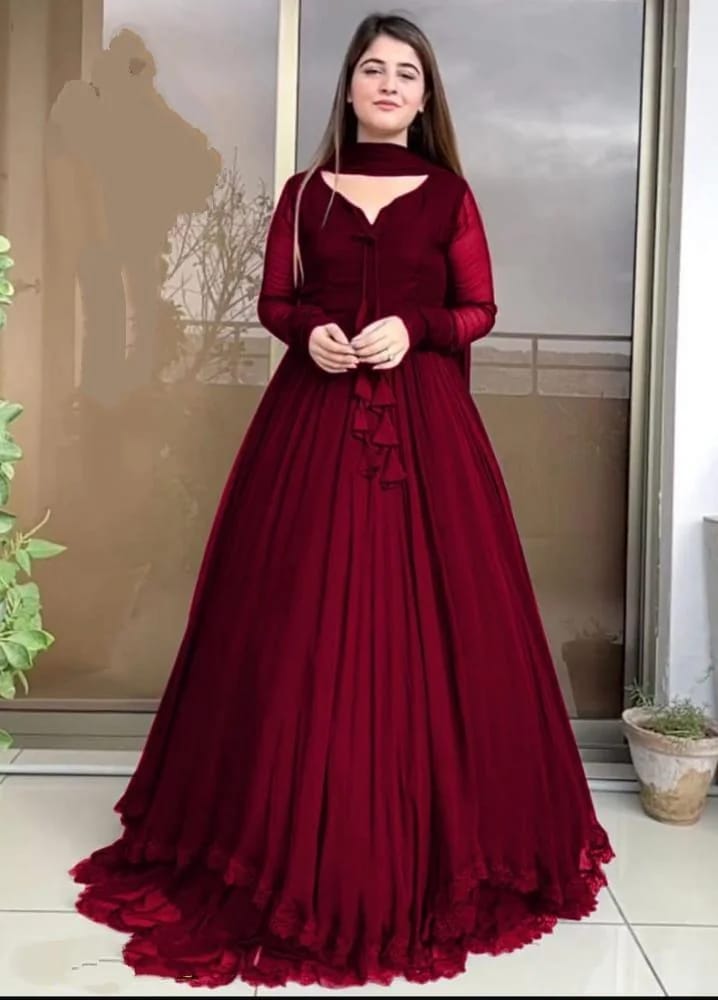 Maroon Chiffon Maxi Suit 3-Pc