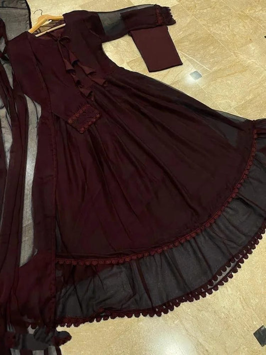 Maroon Chiffon Maxi Suit 3-Pc