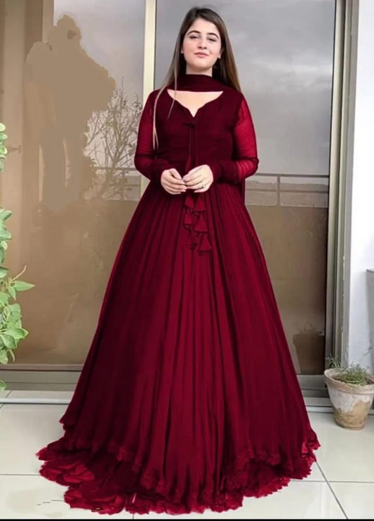 Maroon Chiffon Maxi Suit 3-Pc