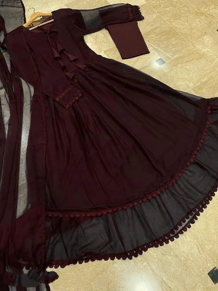 Maroon Chiffon Maxi Suit 3-Pc
