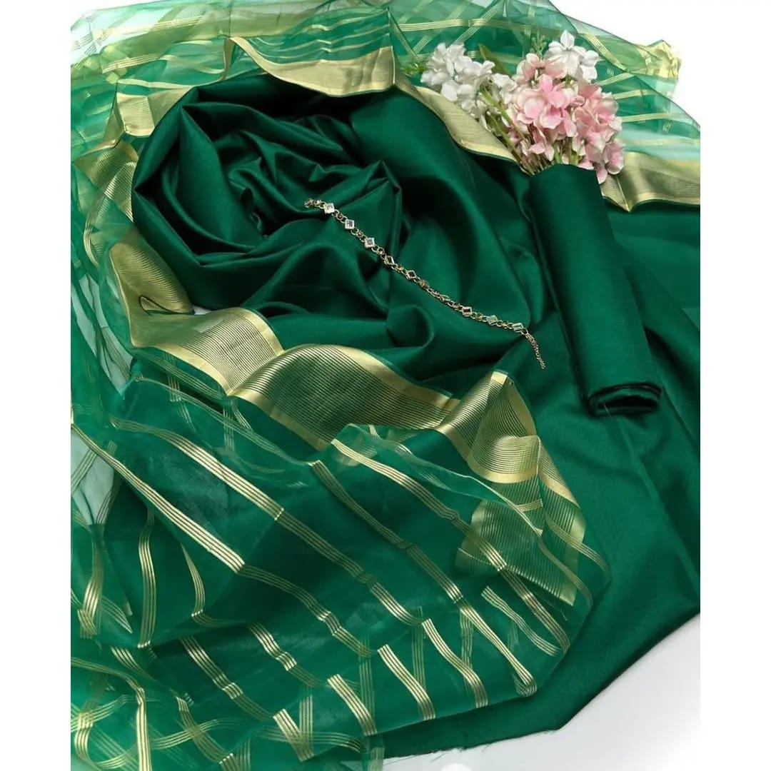 Green Katan Silk 3-Piece Unstitched Suit