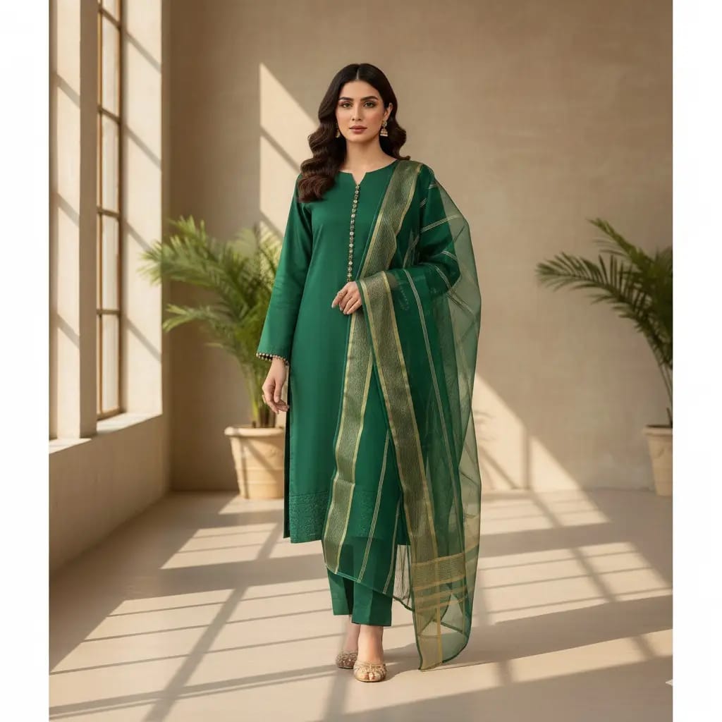 Green Katan Silk 3-Piece Unstitched Suit