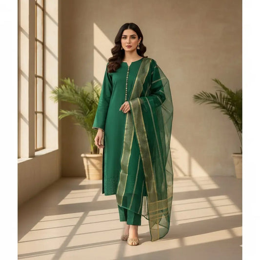 Green Katan Silk 3-Piece Unstitched Suit
